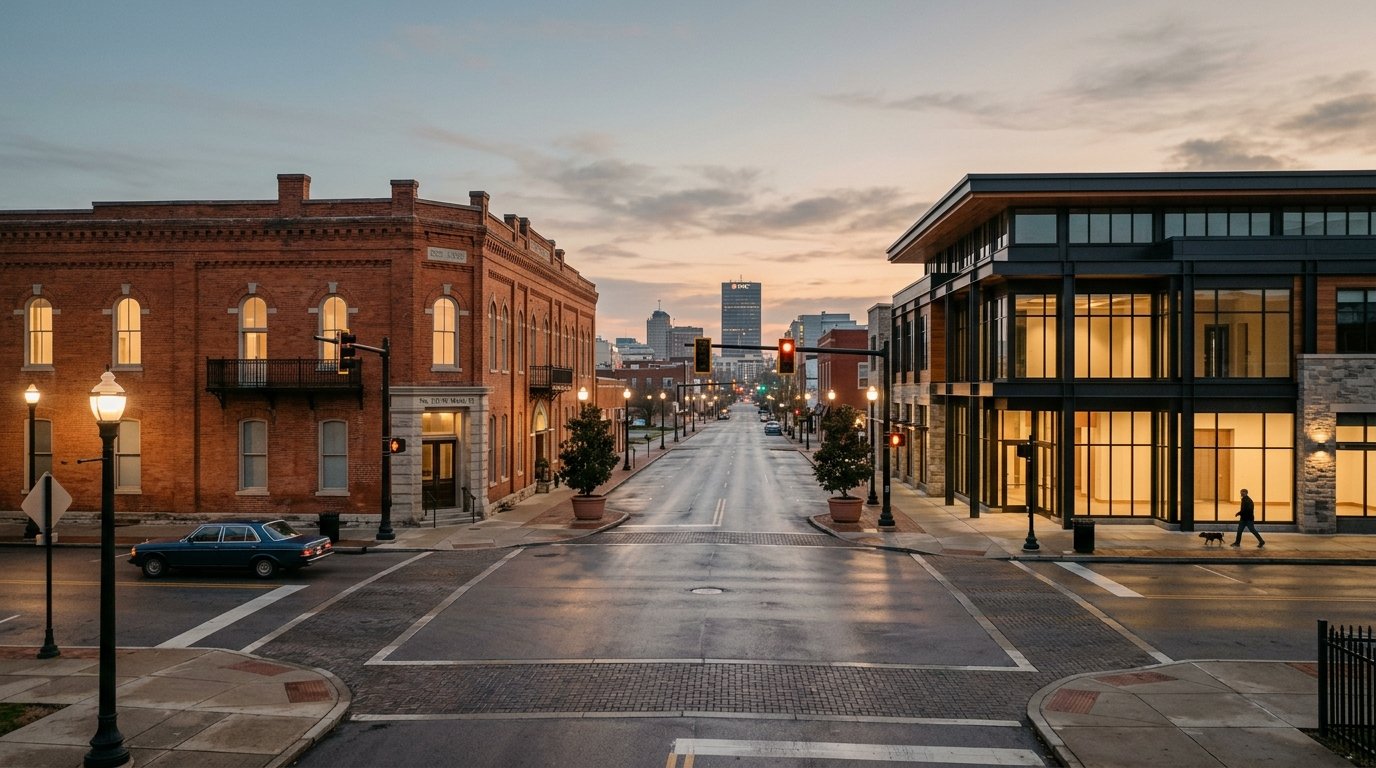 Two commercial buildings across a quiet dawn intersection in Lexington, Kentucky