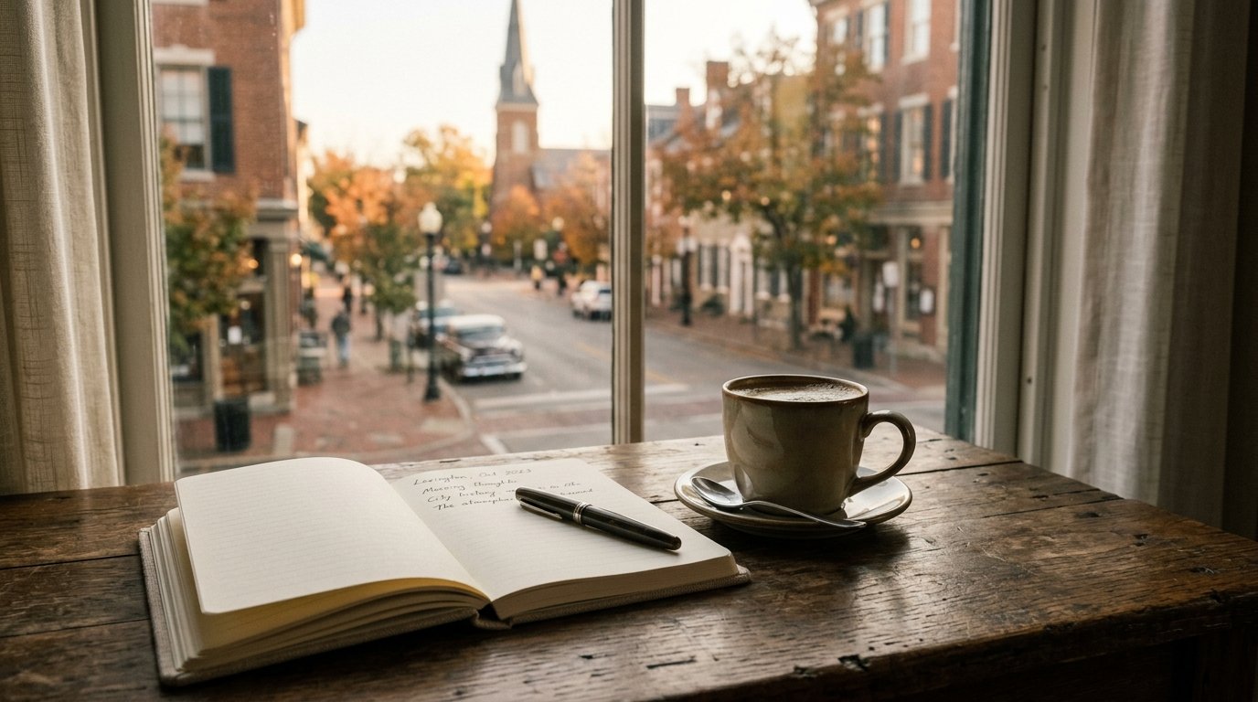 Notebook and coffee on a table beside a window overlooking a Lexington street