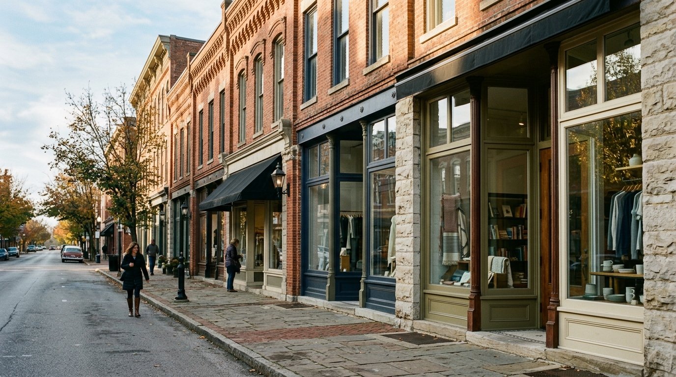 Morning light on a row of brick commercial storefronts in Lexington, Kentucky