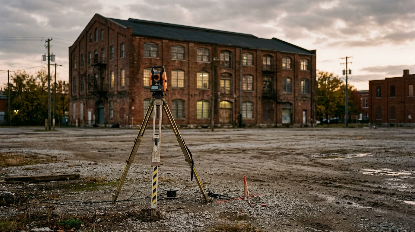 Surveyor tripod on an empty commercial lot with a brick warehouse behind, Lexington, Kentucky