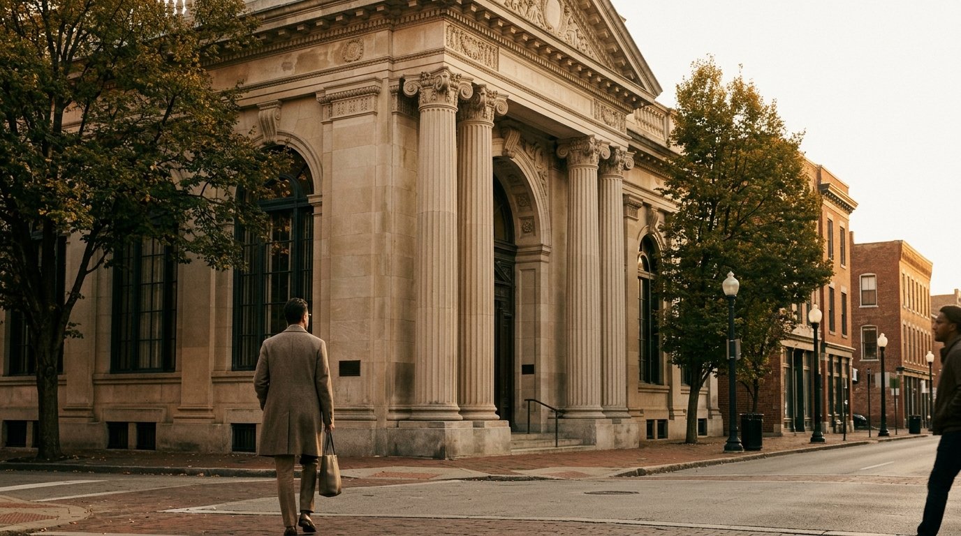 Limestone columns of a historic bank building on a downtown Lexington street