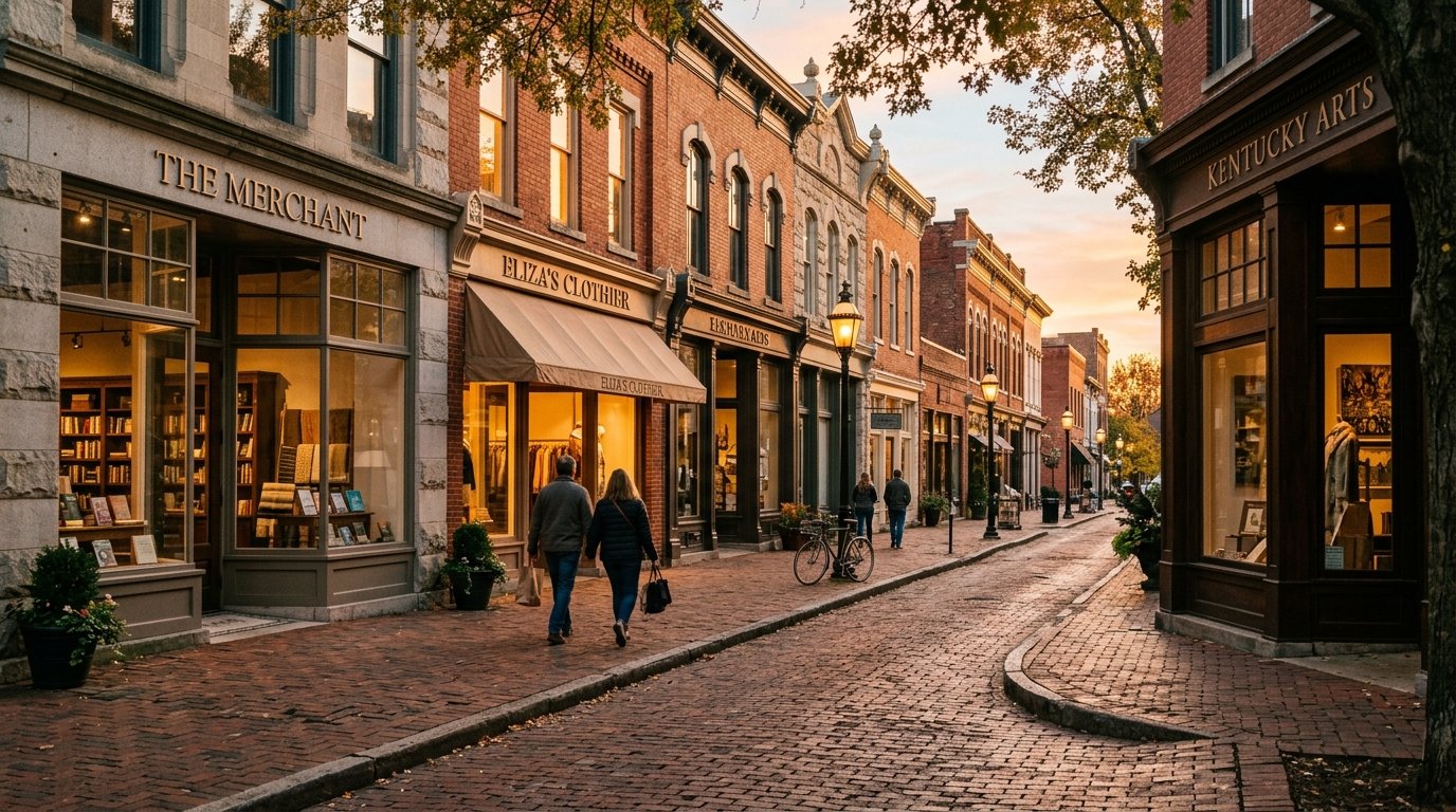 Downtown Lexington commercial storefronts in warm evening light