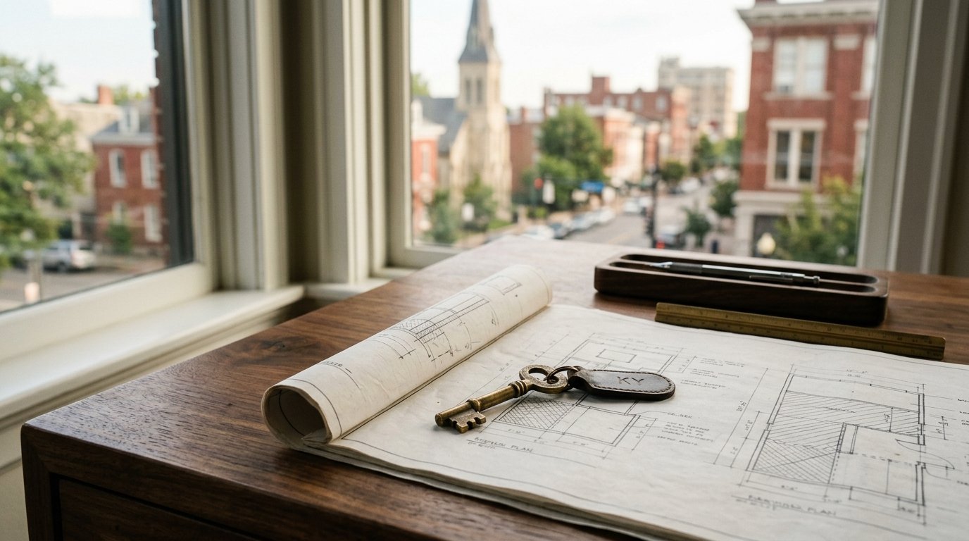 Blueprints and a brass key on a walnut desk with a Lexington street softly visible through the window