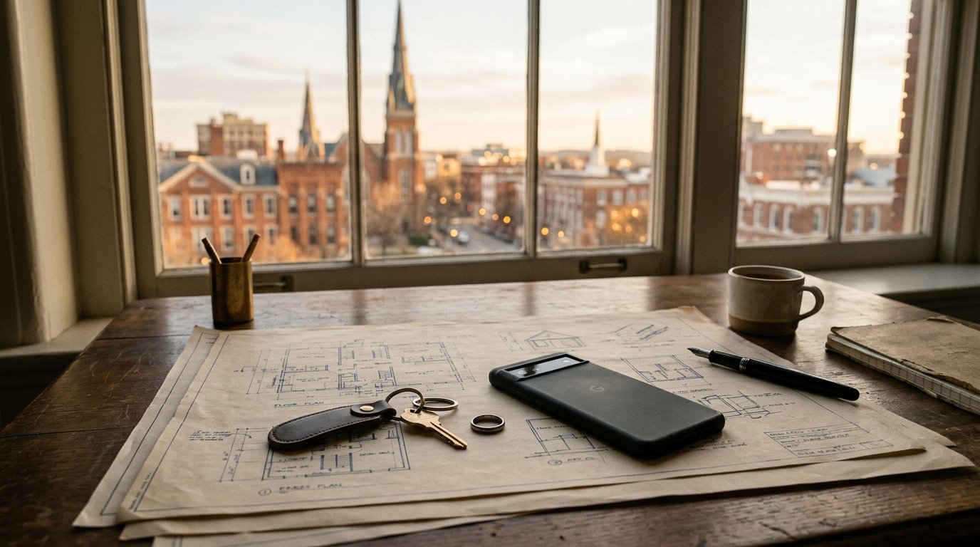 Phone and keys on architectural drawings beside a window in warm afternoon light