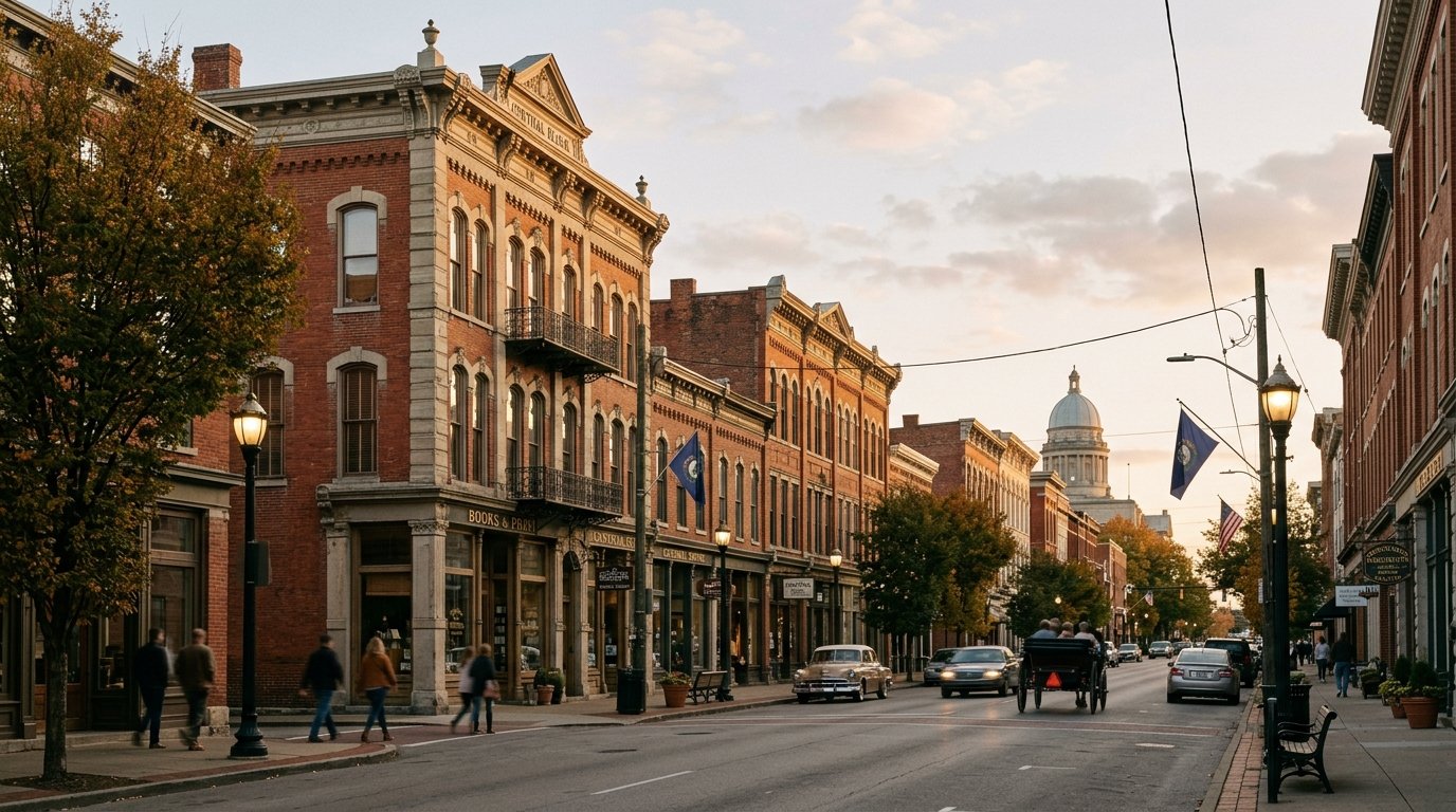 Historic commercial facades along Main Street in downtown Lexington at golden hour