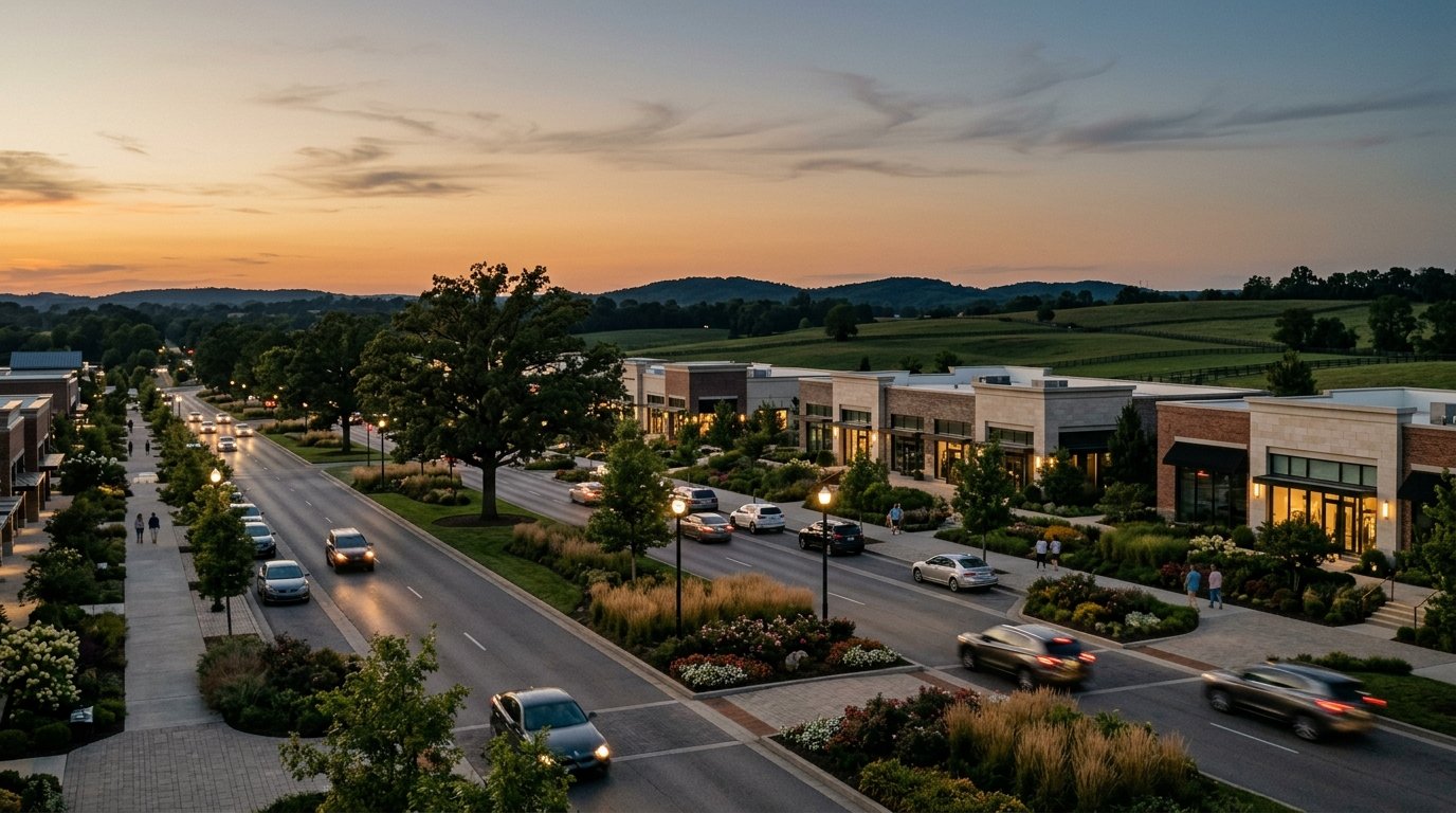 Broad landscaped boulevard through the Hamburg retail corridor in east Lexington at dusk