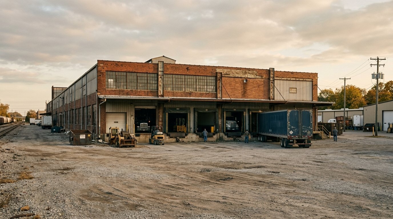 Warehouse loading docks and yard in late afternoon light