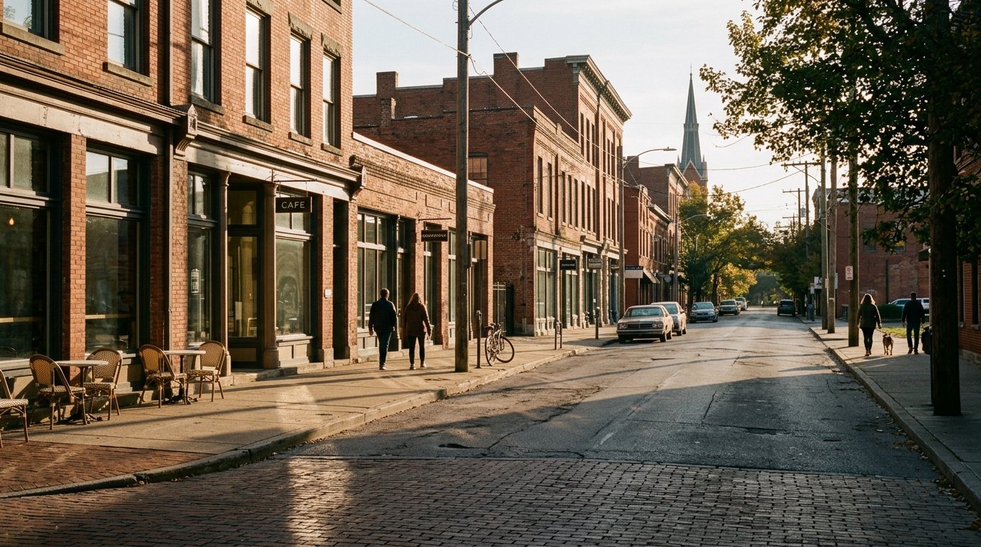 Lexington commercial streetscape in early morning light