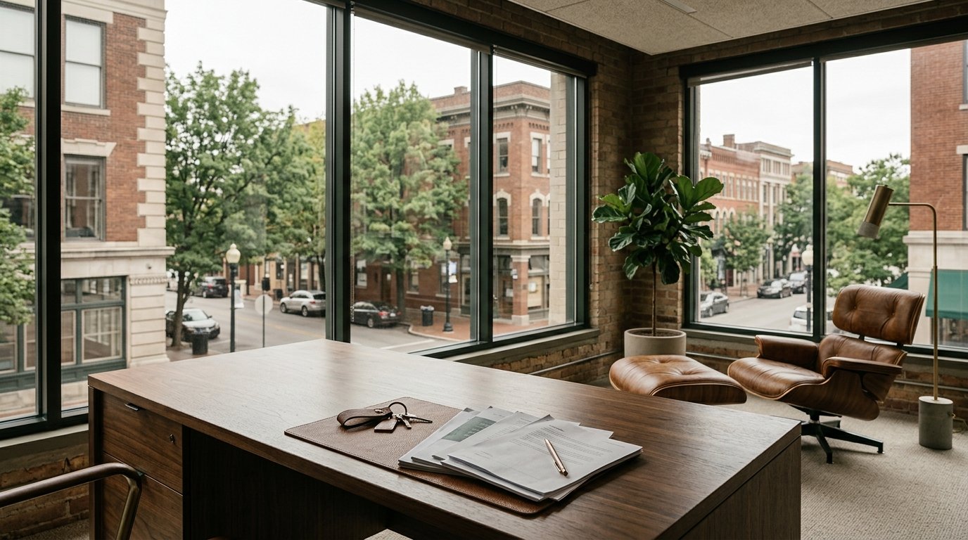 Sunlit Lexington office interior with keys and documents on a desk by a tall window