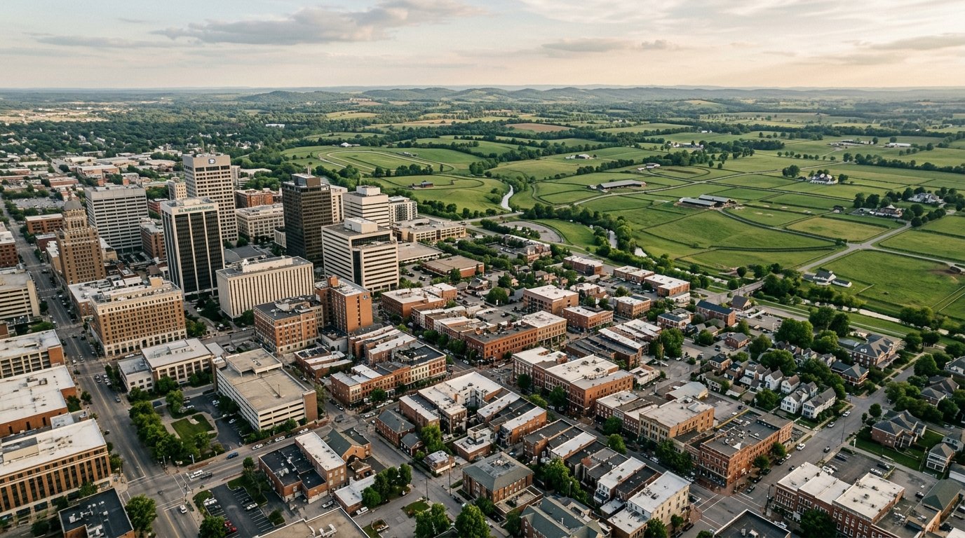 Aerial view of Lexington, Kentucky transitioning from downtown to commercial corridors to farmland