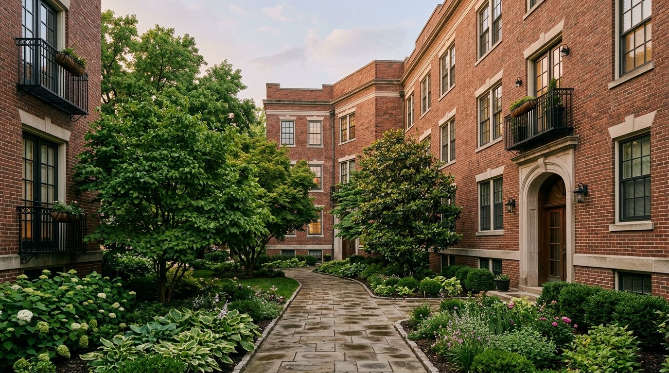 Brick apartment building and courtyard in Lexington at evening