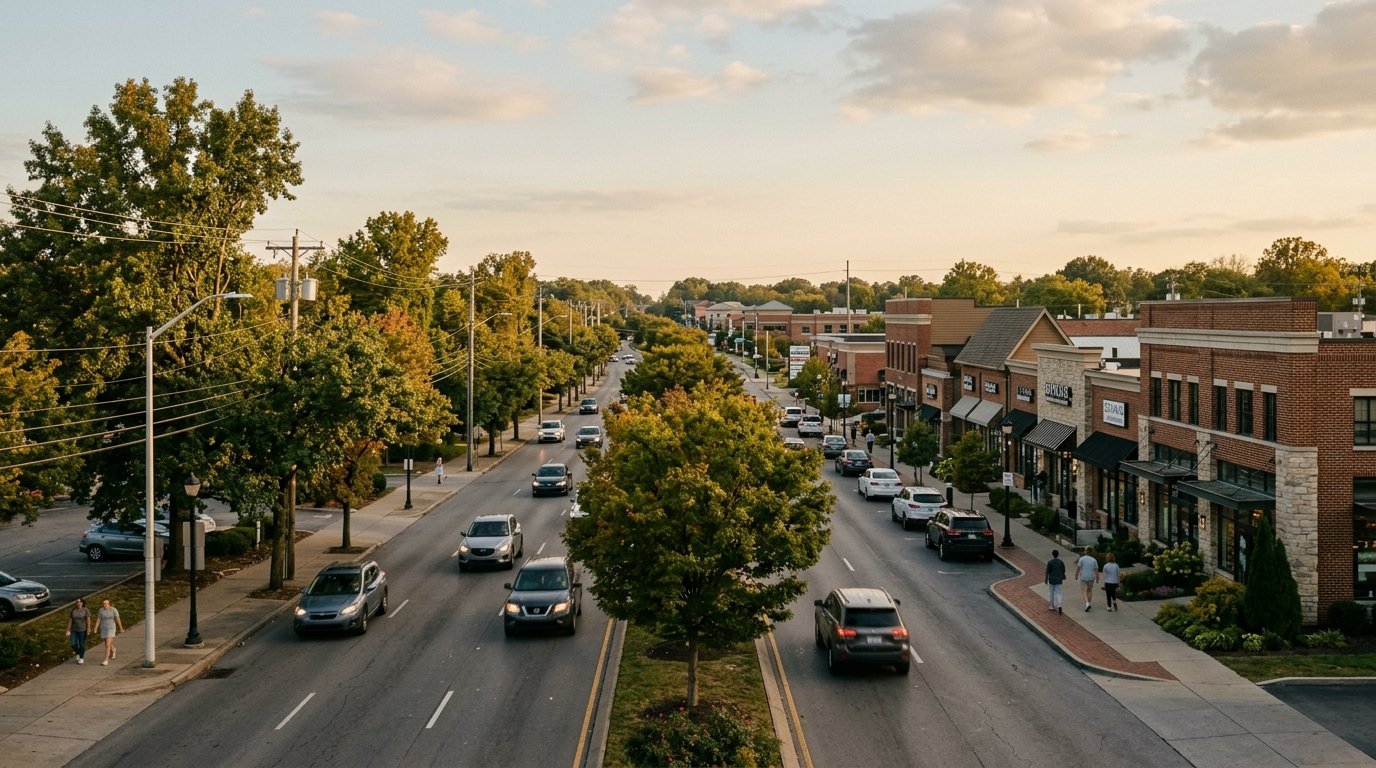 Multi-lane retail arterial along the Nicholasville Road corridor in Lexington in late afternoon