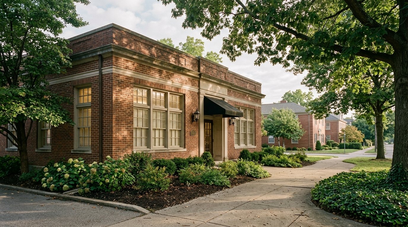 Quiet commercial building exterior in Lexington in soft morning light