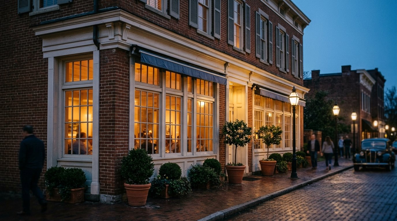 Historic Lexington storefront restaurant exterior at blue hour
