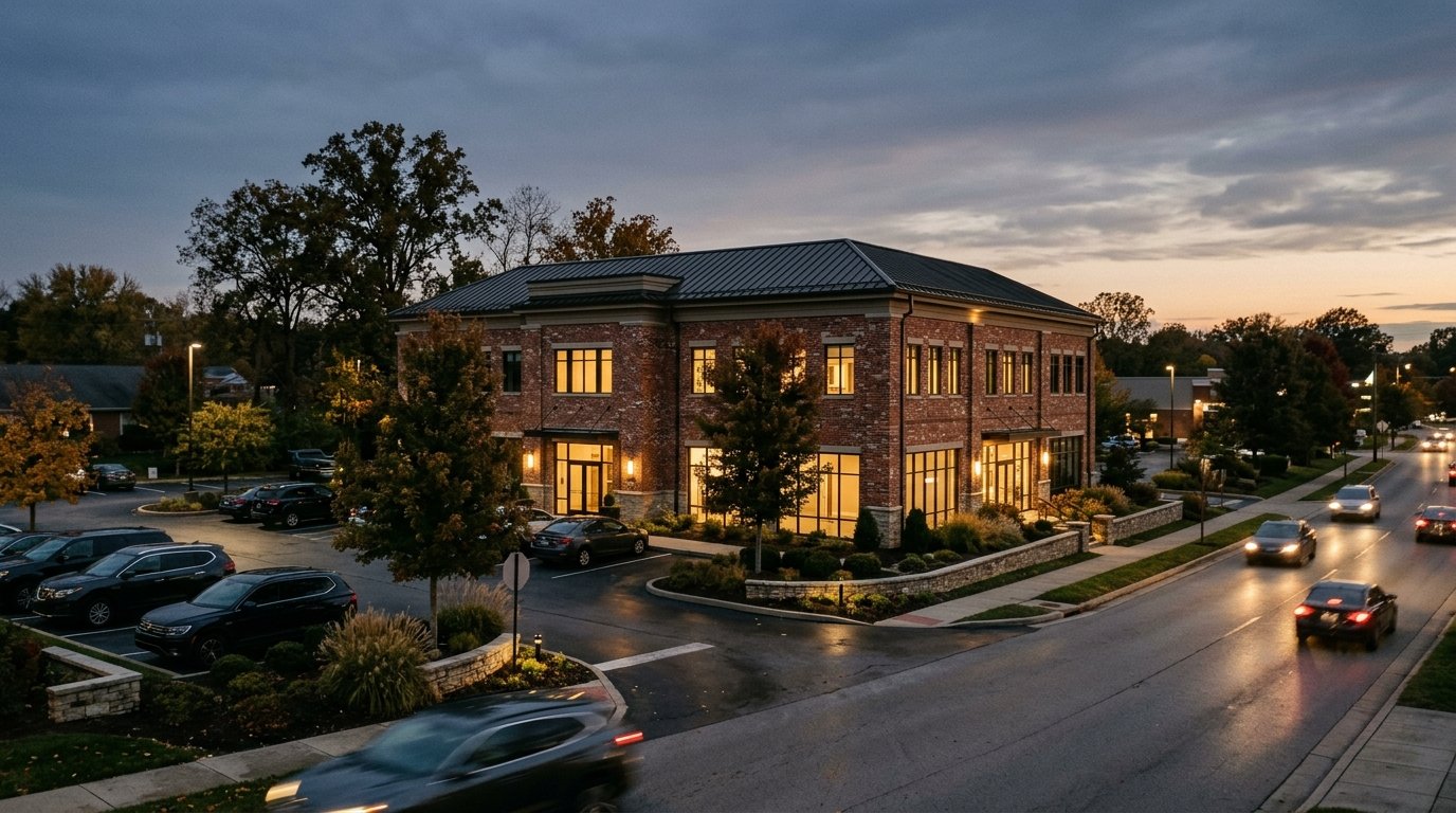 Freestanding retail building on a Lexington corridor at dusk