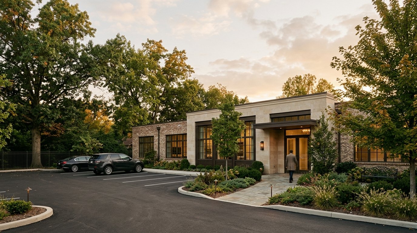 Golden-hour view of a low-rise commercial building and parking lot in Lexington, Kentucky