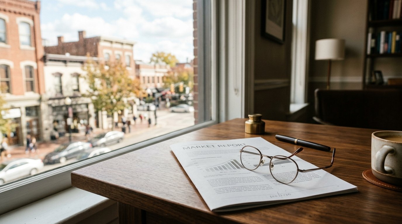 Printed market report on a desk overlooking a Lexington streetscape