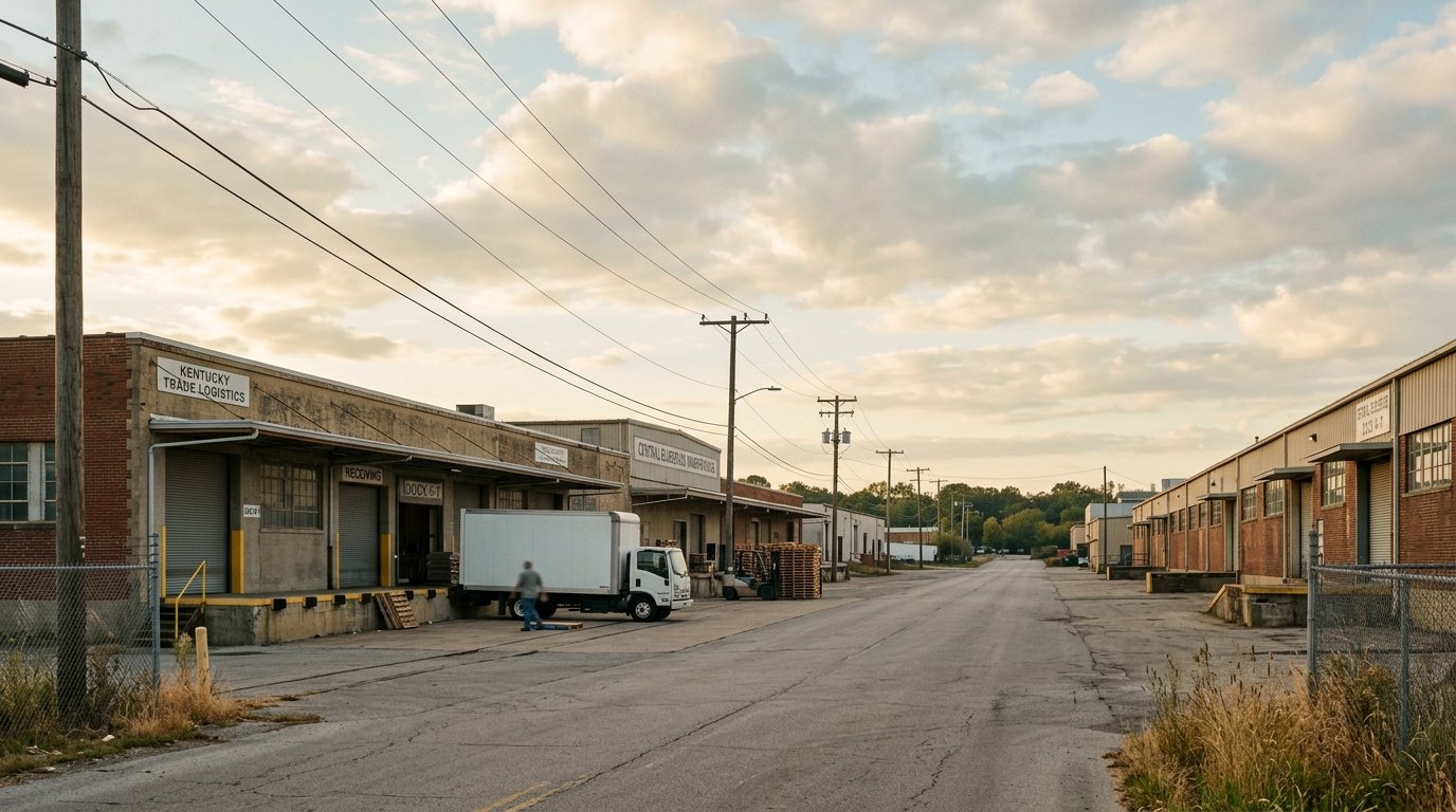 Warehouse and flex buildings along the Winchester Road industrial corridor in Lexington at early morning
